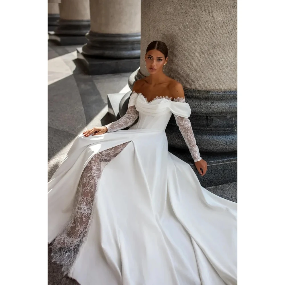 Schulterfreies Hochzeitskleid mit Herzausschnitt, Spitze, appliziert, lange Ärmel, Boho-Strand, A-Linie, Brautkleider, Vestido De Noival, individuell gestaltet