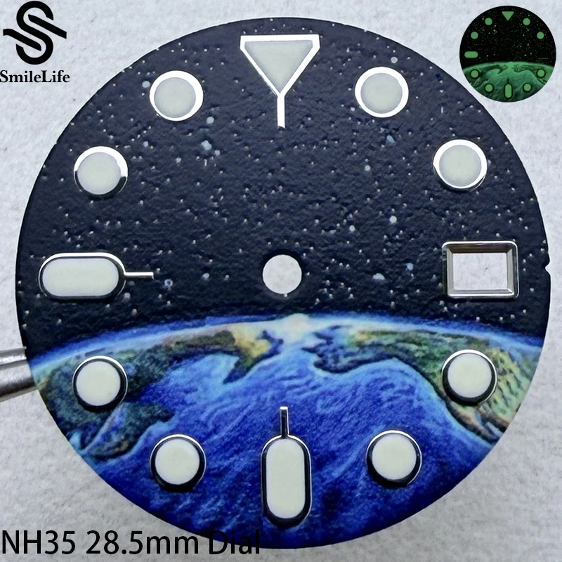 SmileLife NH35 28.5mm Earth Starry Sky Watch Dial Full Green Luminous Fit NH35/NH36/4R/7S Watch Modification Accessories