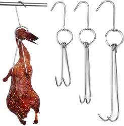 Stainless Steel Meat Hooks with Double Hook Poultry Roast Duck Bacon Hanging Hook Grill Hanger for Drying Cooking BBQ Utensils