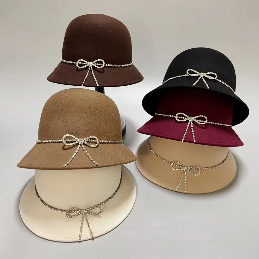 Designer brand Fashion rhinestone bow Fisherman hat High quality Australian wool felt top hat women's elegant fashion basin hat