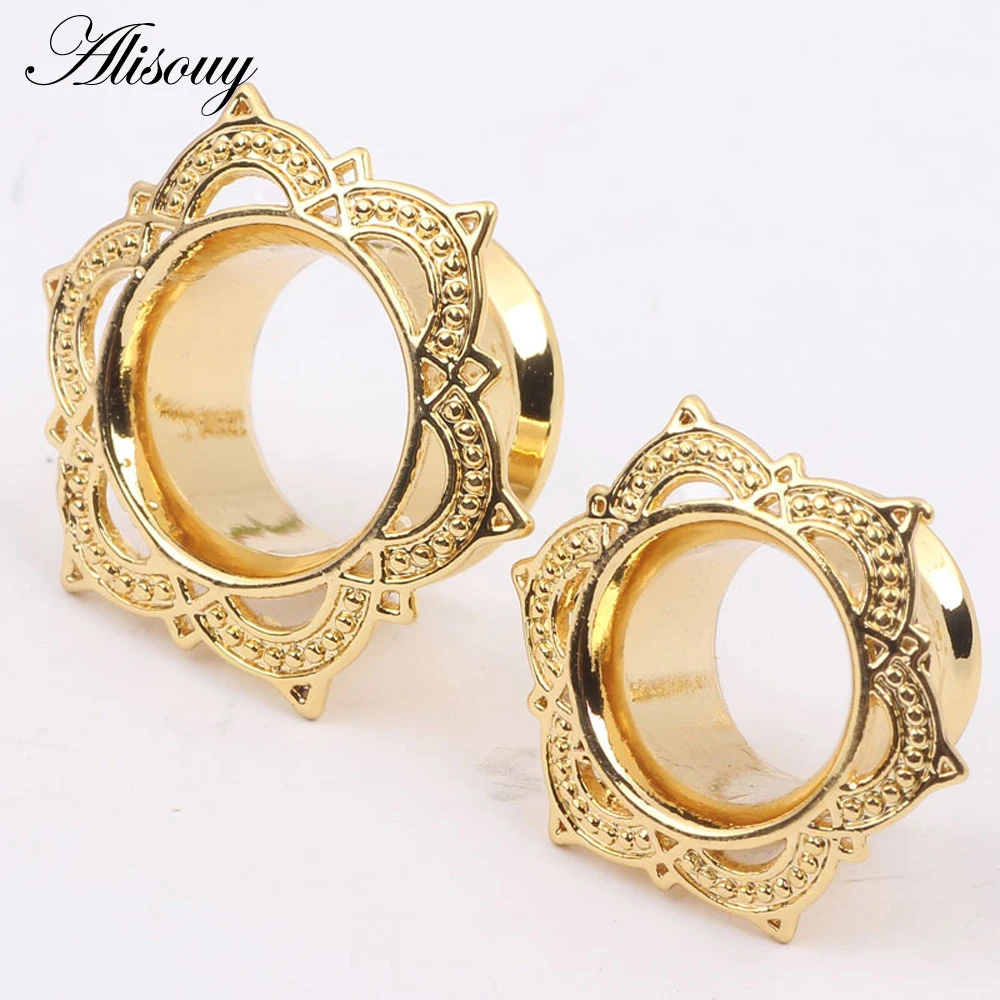 Alisouy 2 PCS Gold Color Plug & Tunnel Ear Jewelry Ornate Stainless Steel Body Piercing Jewelry Ear Expander Gauge 6 to 16 mm