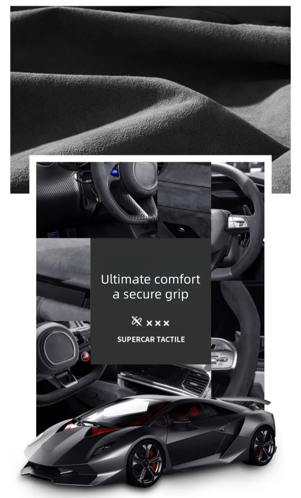 Cadillac handgestikte suèdederen stuurwielhoes detail