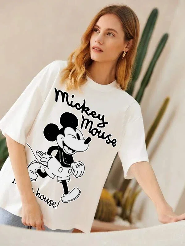 Kawaii Mickey Mouse Summer T-shirt Ladies Black Top Ladies Casual O-Neck Top Ladies Kormen Korean Style Harajuku Clothing