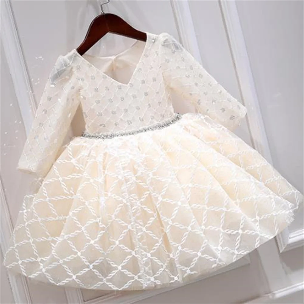 

V-neck grid children's evening dress princess fluffy gauze flower girl elegant party fashion love hollow out