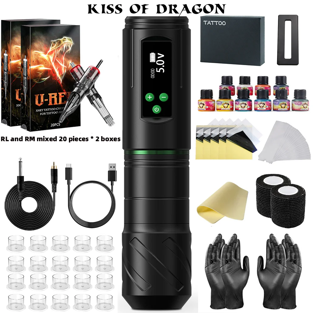 

Tattoo Kit Kiss of Dragon Tattoo Wireless Machine Pen with 40pcs Cartridge Needles Tattoo Ink Practice Skin for Beginners