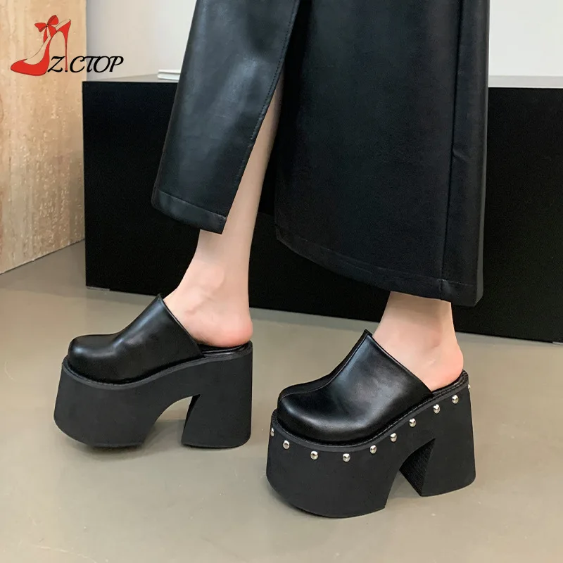 Women\'s Platform Sandals Black Gothic Closed Toe Chunky High Heels Slippers Rivet Slip On Y2k Punk Shoes Women Summer Size 41 42