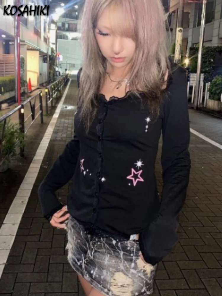 2024 Black Lace Patchwork T Shirt Harajuku Crop Top T-shirt Female Star Print Y2k Aesthetic Buttons Tops Autumn Long Sleeve Tees