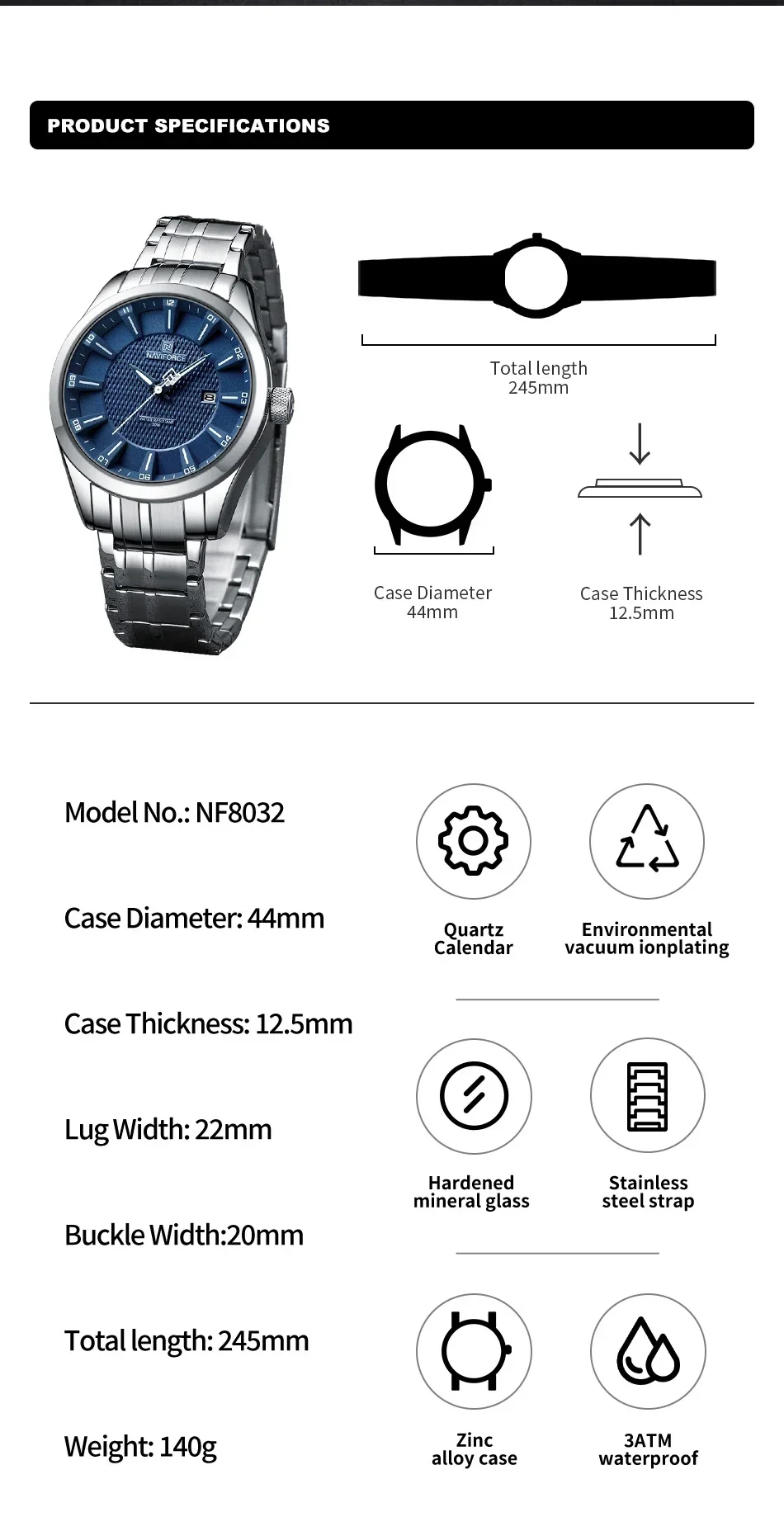 NAVIFORCE NF8032 Brand Business Luxury Watch Men Clock Waterproof Luminous Quartz Stainless Steel Wristwatch