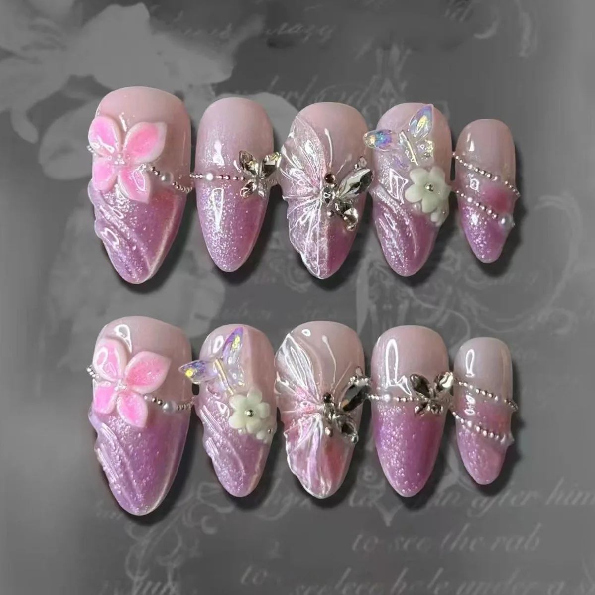 24Pcs Purple Gradient Fake Nails Tips Full Cover Shiny Fantasy Butterfly Diamond Flower Press on Nails Sets Acrylic False Nail