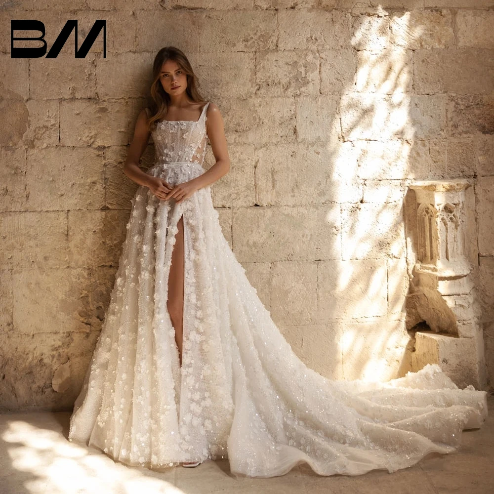 Romantic Glitter Tulle Wedding Dress With Elegant Square Neckline 3D Floral Appliques Bride Dresses High Side Slit Robe De Marie