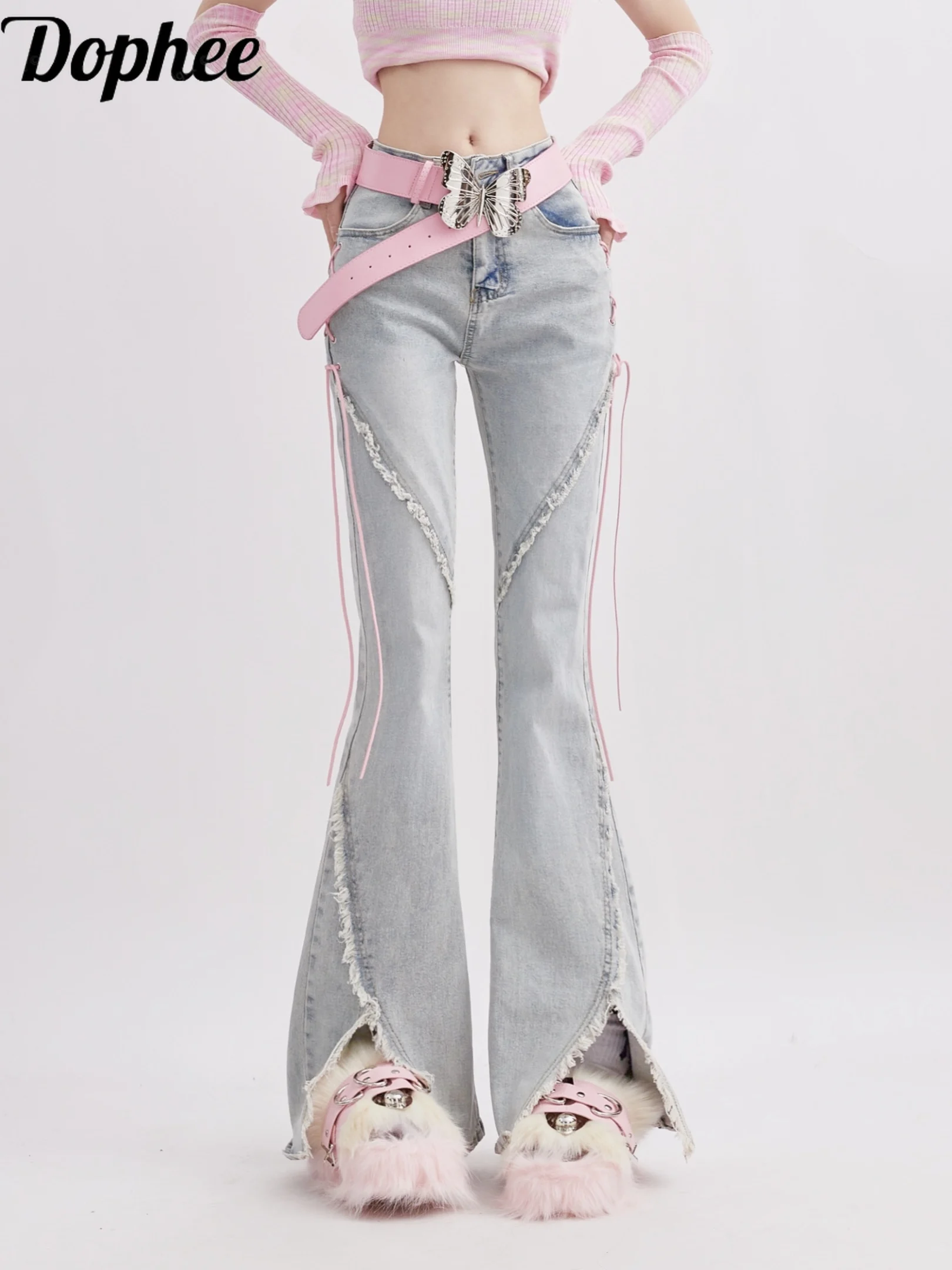 

Dophee New Spring Fashion Women Denim Pants Vintage Bandage High Waist Split Flare Jeans American Spice Girls Straight Pants