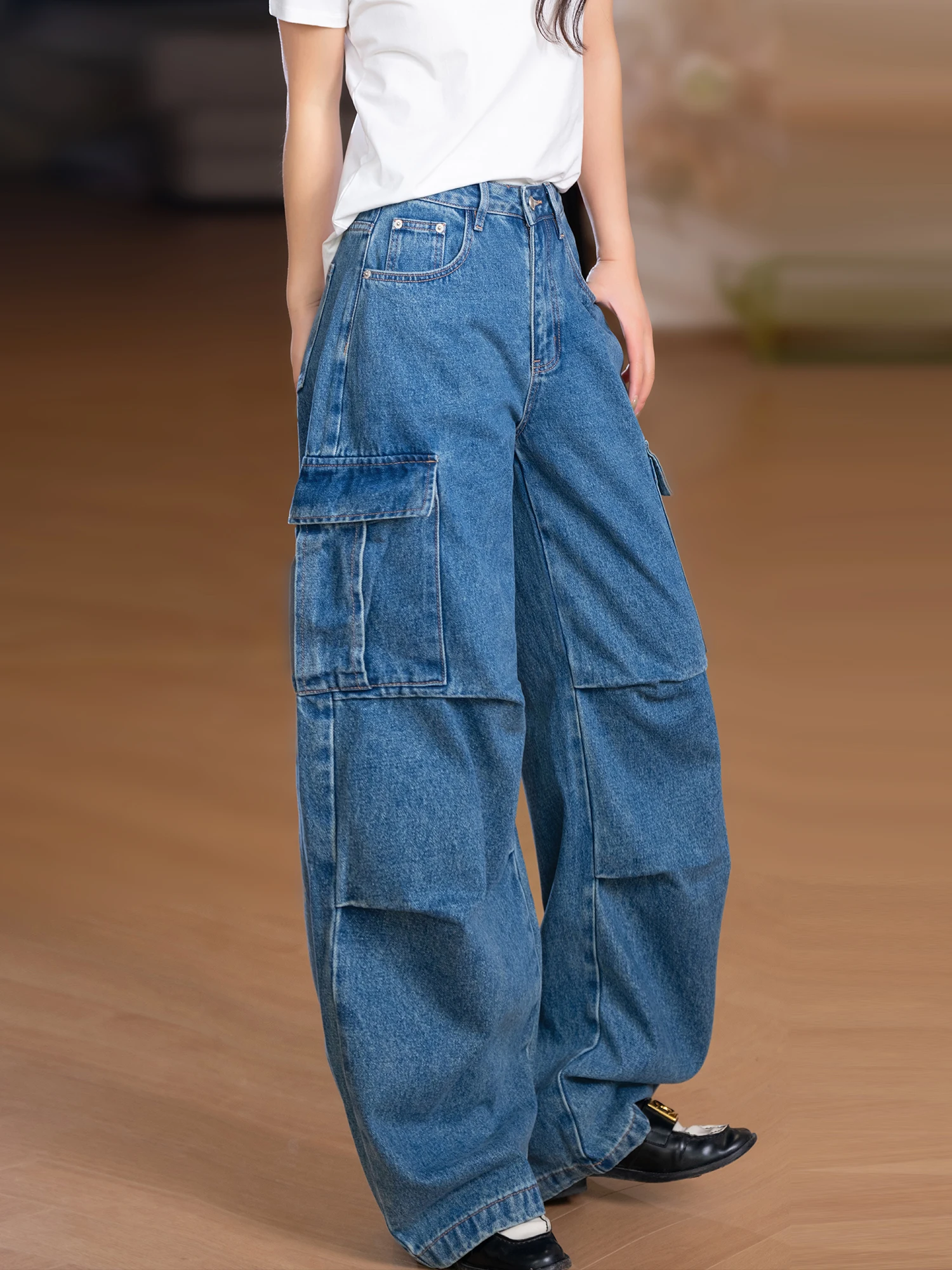 

Dad's Workwear Pants by Little Ear! Standup Multi-Line Partition Large Pocket Design Heavy-Duty Washed Denim Loose Fit Ladies...