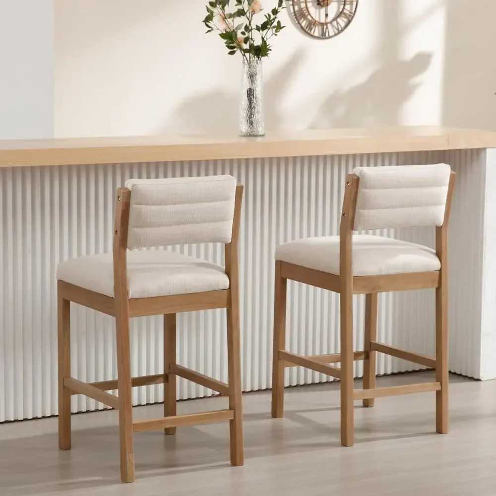 Set of 2 Upholstered Counter Height Bar Stools with Backrest and Wood Legs, Beige Linen for Kitchen Island view 3
