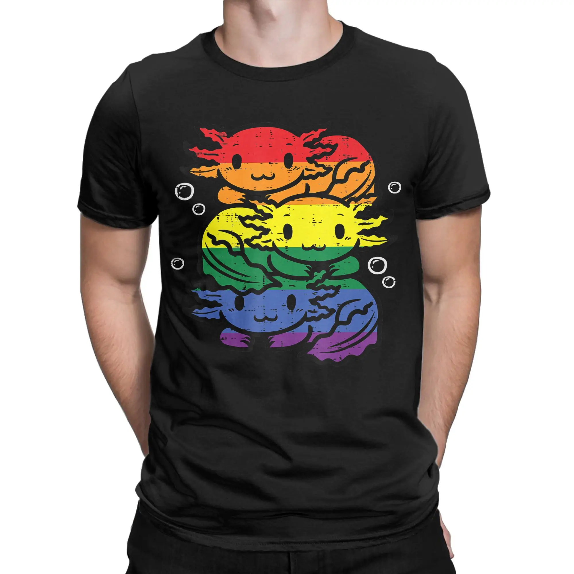 Axolotl Pile Cute Rainbow Flag Funny 100% Cotton T-Shirt LGBT Pride Tops Tees For Men