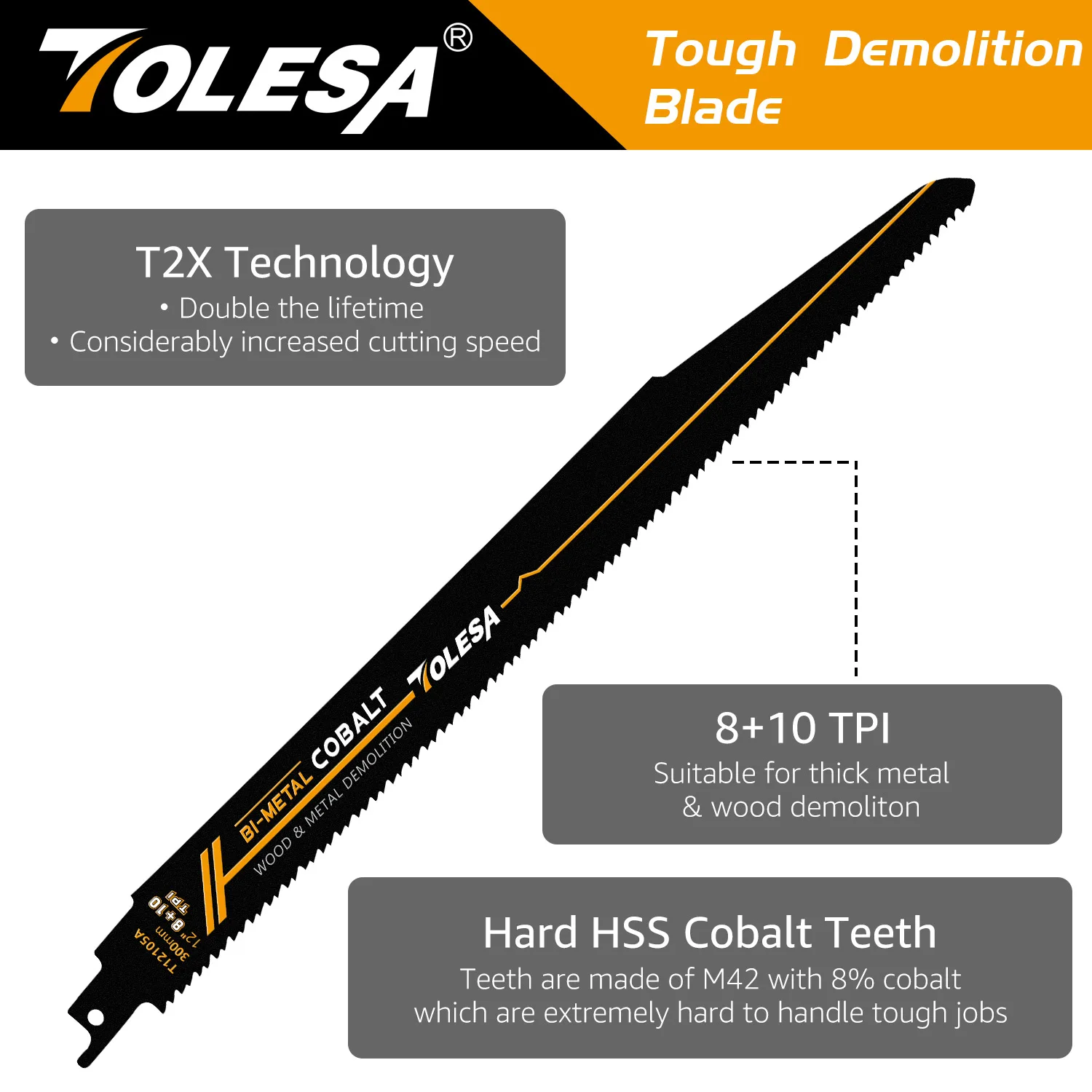 TOLESA 6/9/12inch 8+10TPI Metal Wood Demolition Reciprocating Saw Blades for Steel Tube Cutting, Drywall, Chipboard Plastic 5Pcs