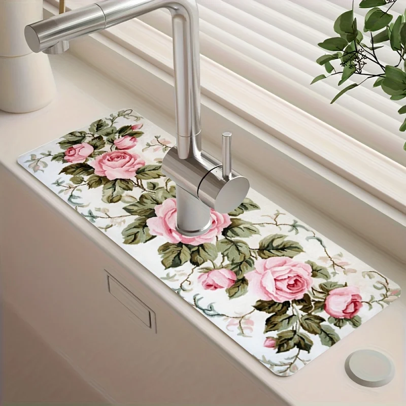 VIKAMA Vintage Pink Rose Sink Mat, Kitchen Faucet Drain Mat, French Countryside Style Countertop Drainage Pad