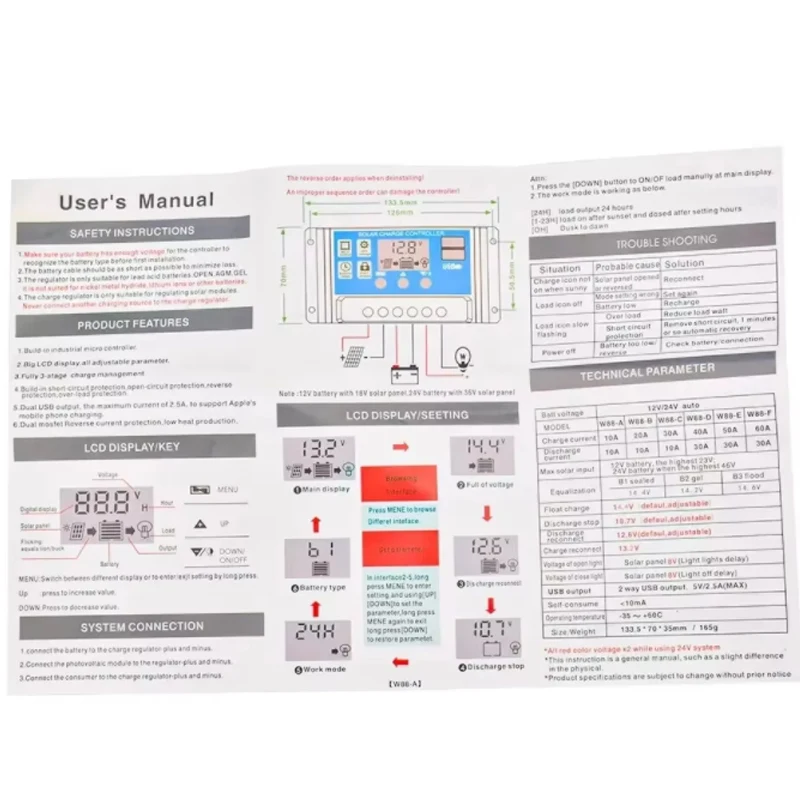 Solar Charge Controller, Photovoltaic Panel PV Regulator, Load Discharger, Auto LCD, Dual USB, 5V Output, 12V, 24V, 30A, 10A