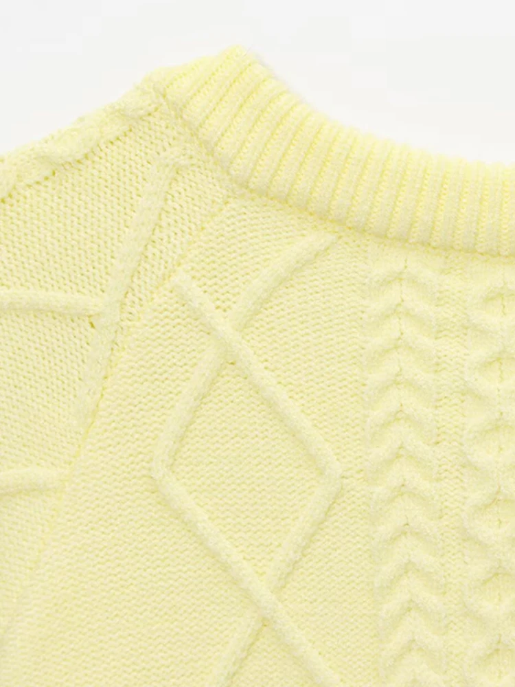 Kardigan Rajut Kabel Warna Kuning Muda untuk Wanita, Sweater Lengan Panjang Kancing Depan, Atasan Luaran Wanita yang Chic