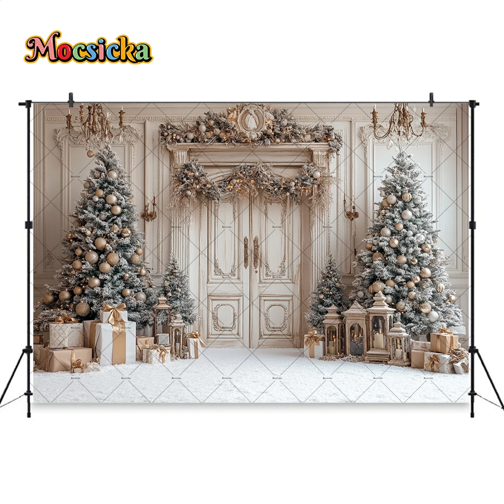 خلفية باب خشبي لعيد الميلاد أبيض ، خلفية تصوير عتيقة ، شجرة صنوبر لغرفة الكريسماس ، خلفية فانوس ، استوديو صور لحفلة المنزل ، هدية للطفل
