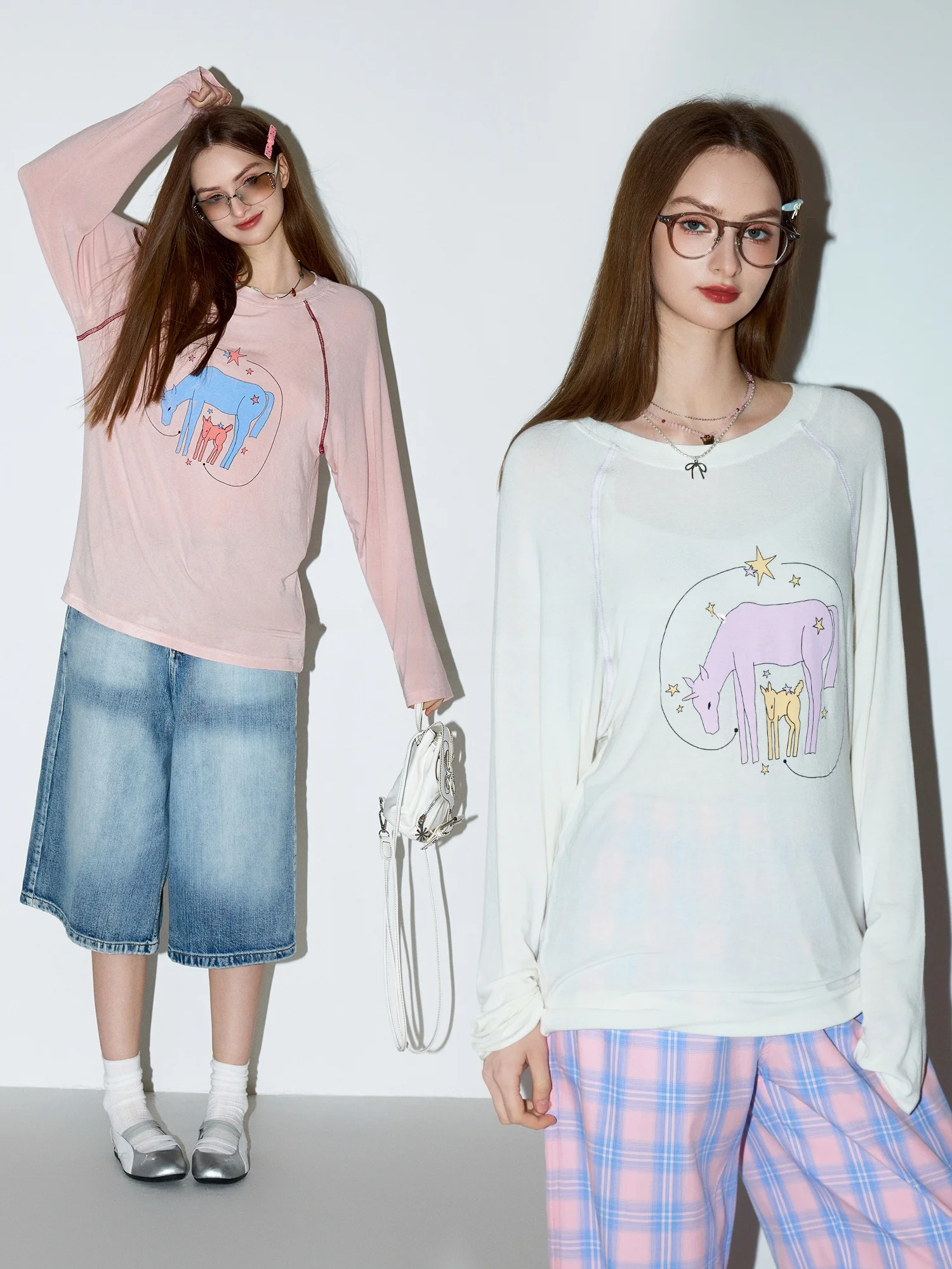 

MoodBerry American Retro Print Cover up Top Women Spring Summer Shoulder Insertion round Neck Loose Casual Long Sleeve ...