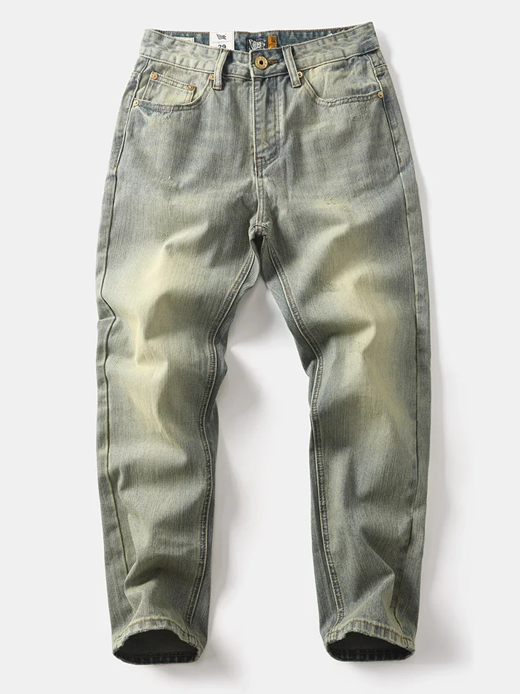 

Мужские джинсы прямого кроя в американском ретро-стиле, свободные, с эффектом потертости, повседневные, цвета хаки, молодежные, со средней посадкой, на молнии