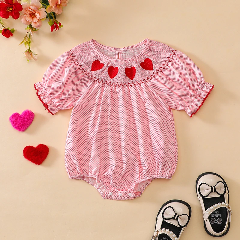 Baby Girl Valentine's Day Romper Heart Embroidery Dot Print Crew Neck Short Sleeve Bubble Jumpsuit for Sping Summer