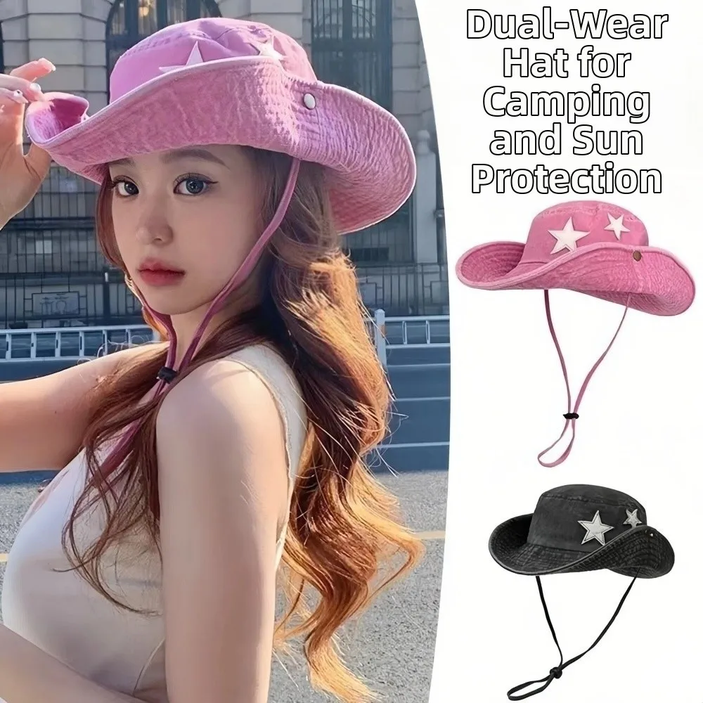 Windproof Vintage Washed Denim Hat Drawstring Adjustable Sunscreen Fisherman Hat Wide Brim Five-pointed Star Embroidery