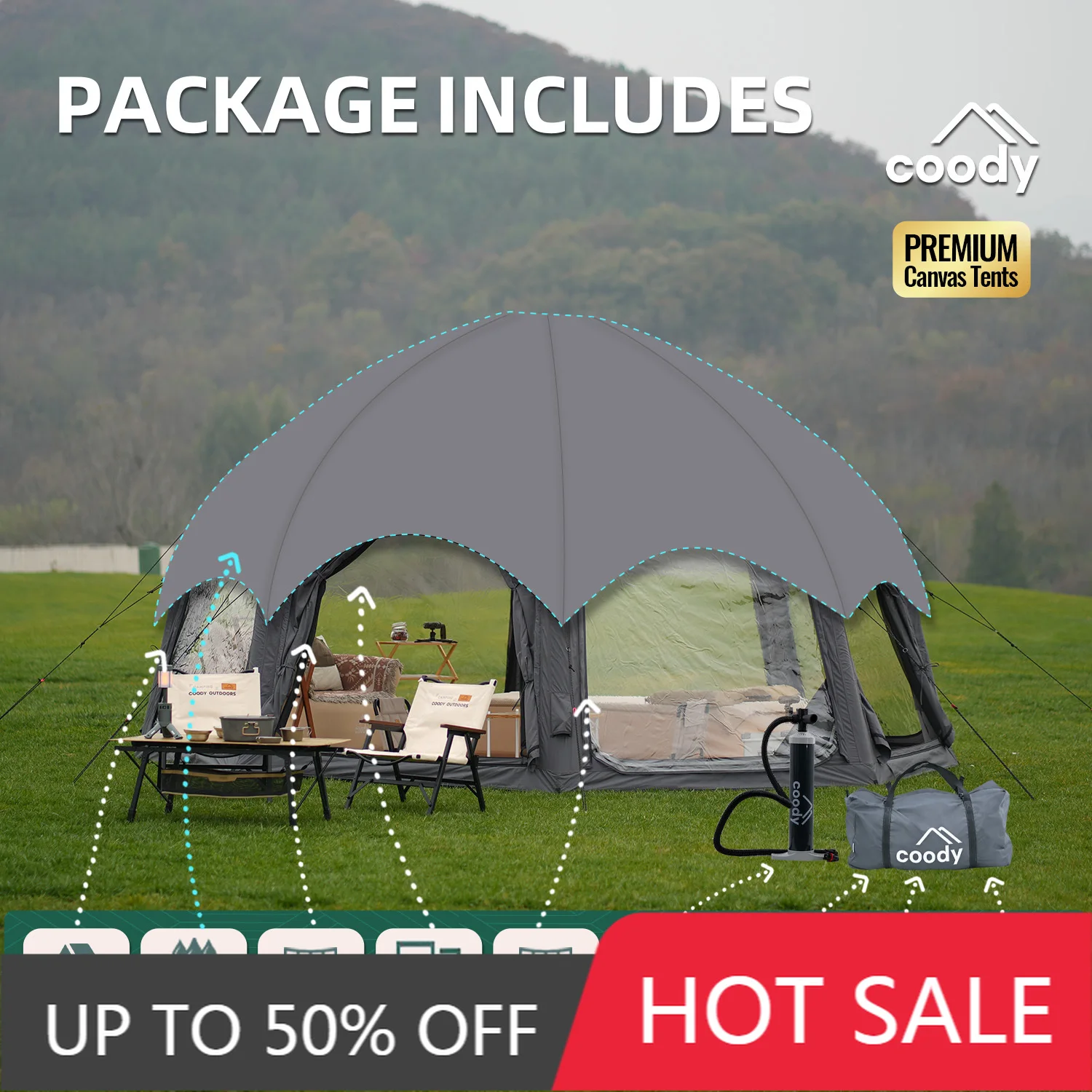 Coody Dome Air Tent Gray Classic Geodesic Inflatable Shelter Outdoor Camping Family Dome Canopy Tent