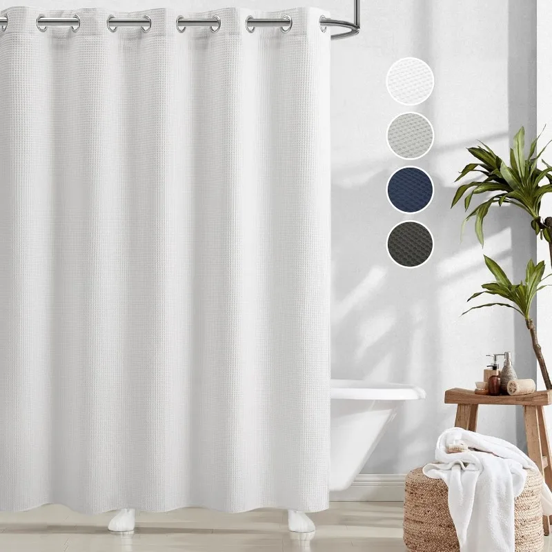 

White Waffle Weave Shower Curtain with Snap-in Liner,Cotton Blend Fabric Heavy Duty,No Hooks Needed Shower