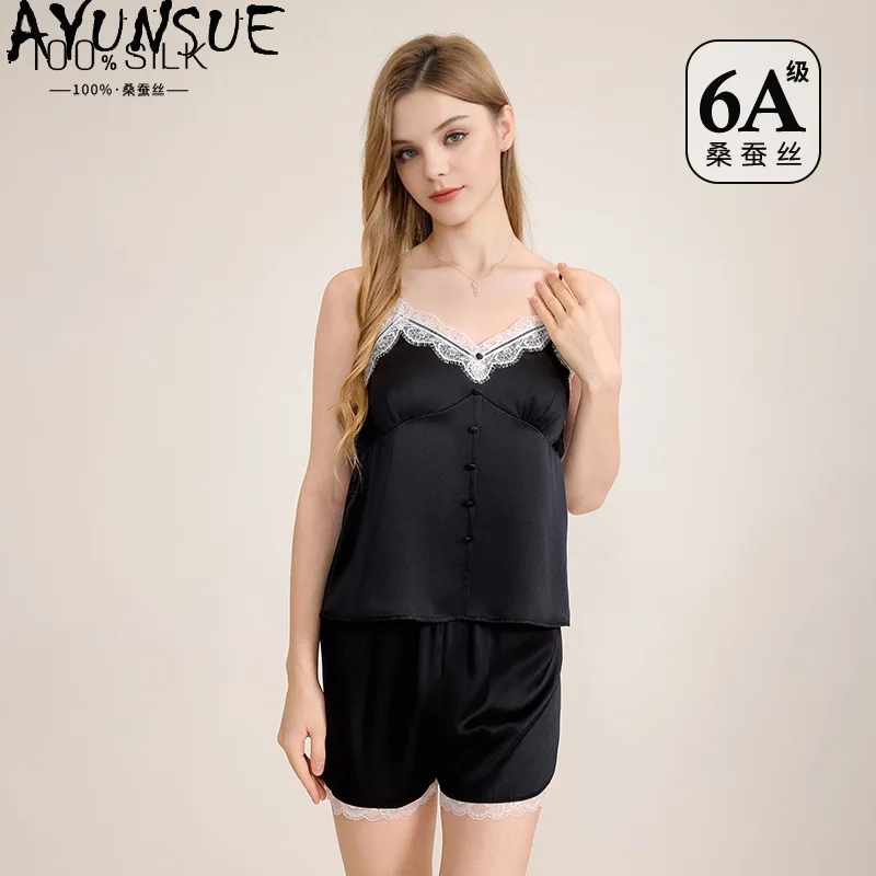 AYUNSUE Natural Silk Pajamas for Women Sleeveless Pajama Sets with Chest Pads French Style Womens Matching Sets High Quality 잠옷