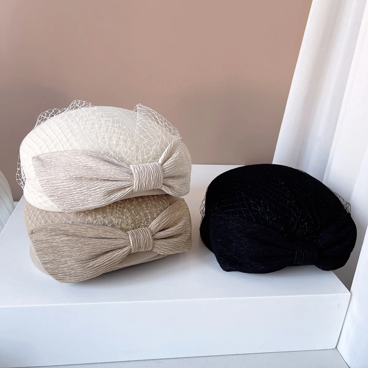 Fashion French Bowknot Veil Beret 100%Wool Cashmere Hat Women Fedora Cocktail Derby Party Church Wedding