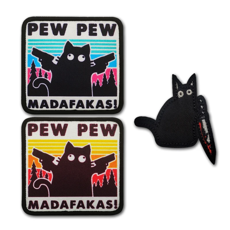 PEW PEW Cat Embroidery Patch on Worker Hook&Loop Funny Tactical Bag Morale Badge Little  Emblem for Clothes