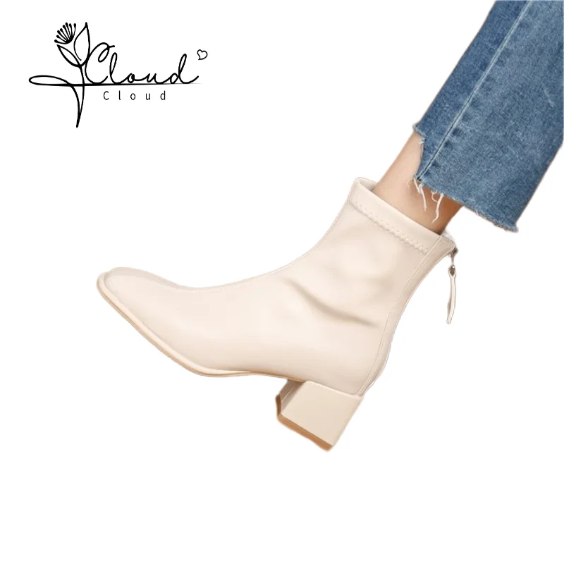 

Small White Ankle Snow Boots Women Thin Thick Heel Square High Heels 2024 New Autumn Winter Midleg Tactical Female Shoes