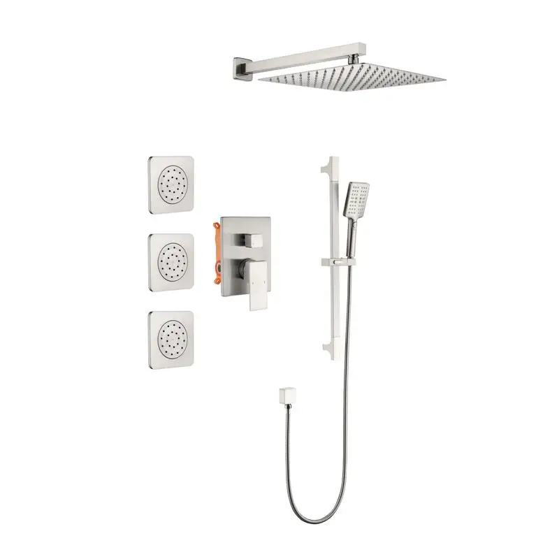 

Shower System - Rain Shower Head, Hand Shower, Slide Bar, Body Sprays, Shower Arm, Hose, Valve Trim, Lever Handles. Complete