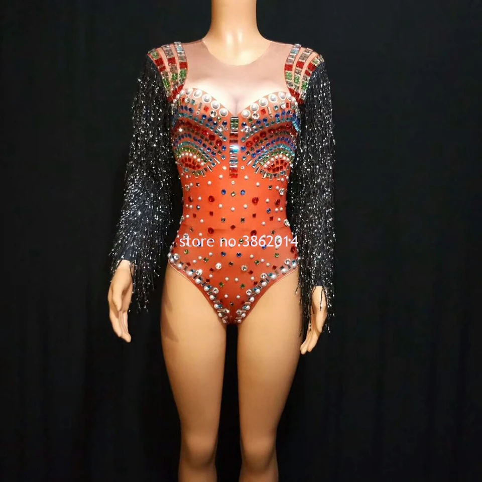 Seksowne brokatowe wielokolorowe dżetów pajacyki cekiny kombinezon z frędzlami kobiety taniec body klub nocny Bar strój strój dla piosenkarza