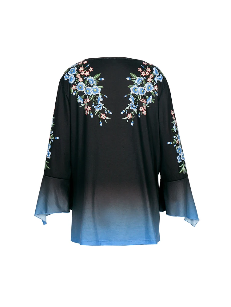Plus Size Floral Print Blouse, V Neck Half Button Gradient Flare 3/4 Sleeve Loose Casual Women Daily Tunic Top image 3