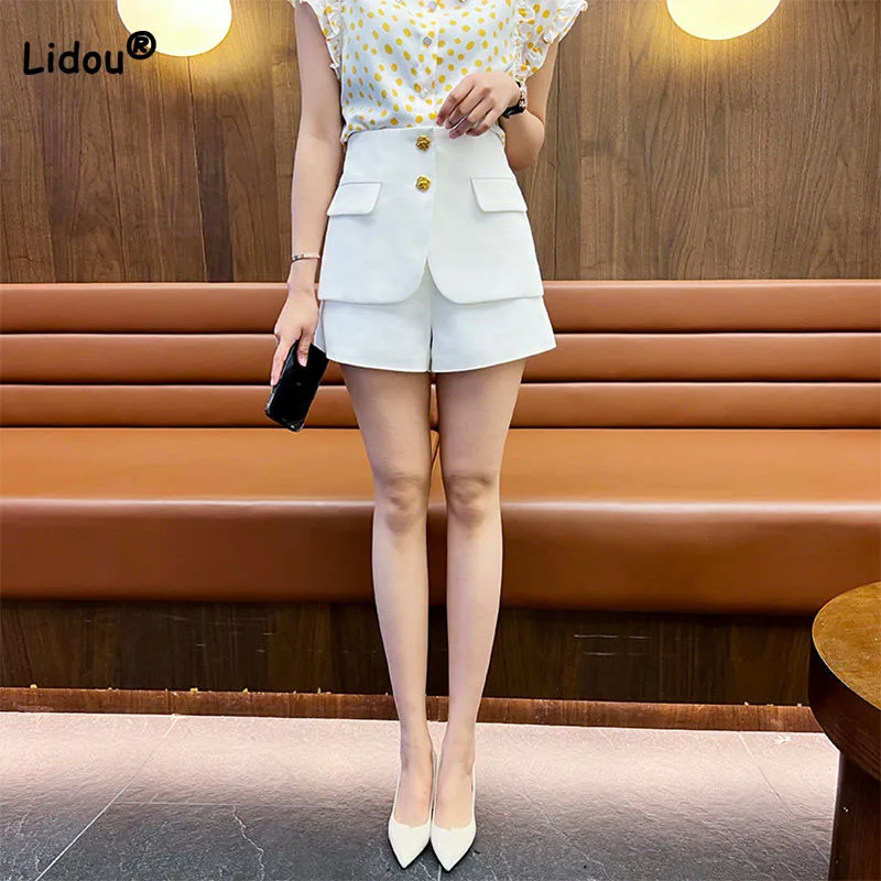 Office Lady Korean Spliced Solid Color Shorts Women's Clothing Summer New Loose All-match Chic Button Female High Waist Pants