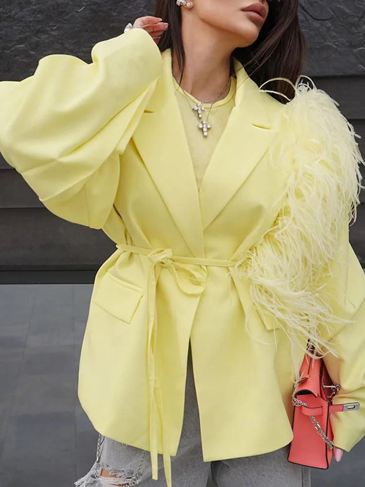 

Feather Lace Up Women's Blazer Coat Turn-down Collar LongSleeve Yellow Jacket Female2025 Spring Autumn Lady Outwearsblazer mujer