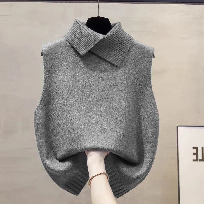 Koreanische einfarbige, ärmellose, vielseitige, lässige Strickweste mit Reverskragen für Damen für Herbst und Winter – Detail 13