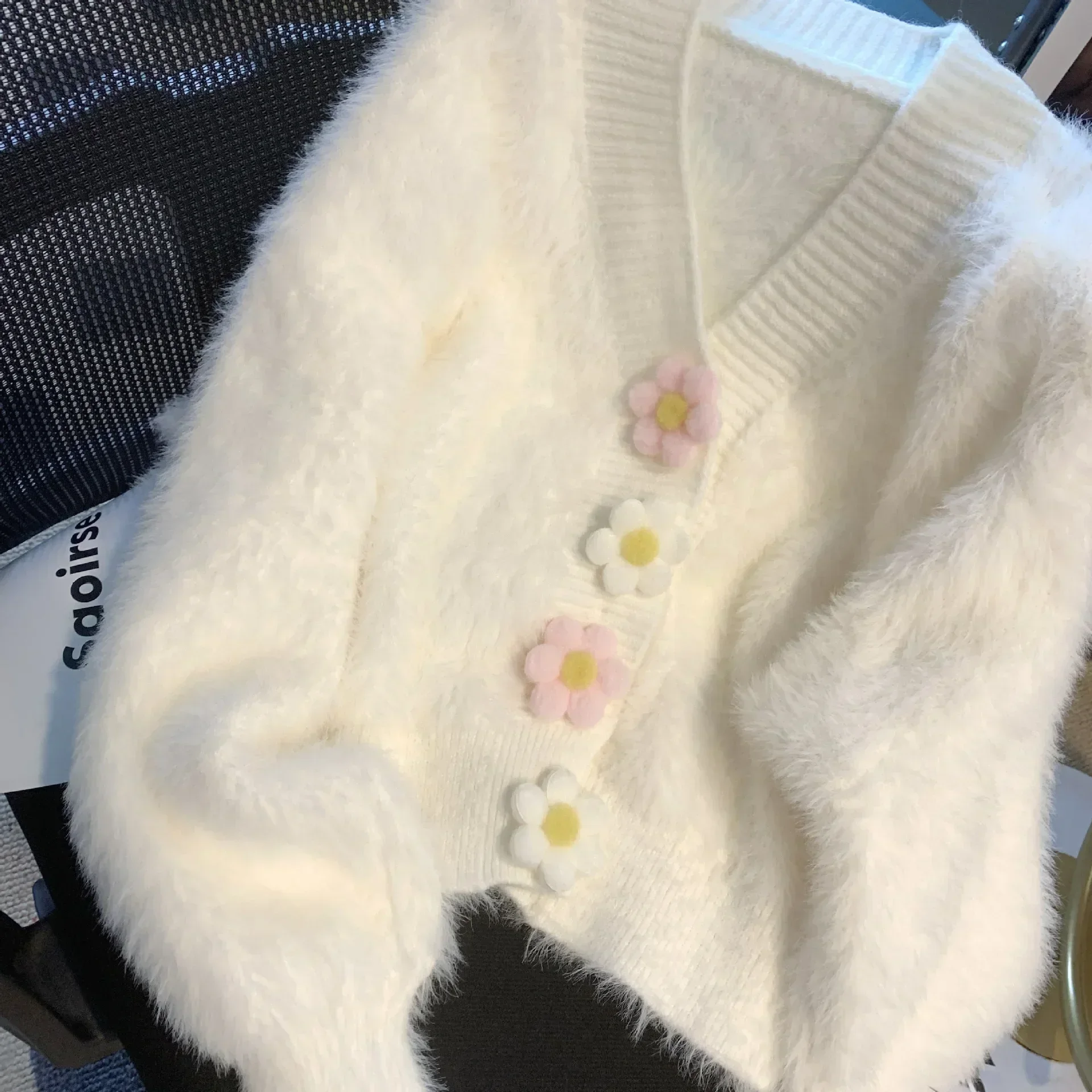 

3d flower Cardigan Lolita y2k sweater sweet Single Breasted V-Neck pink sweater coat kawaii Knitted Tops Jumpers sueter mujer