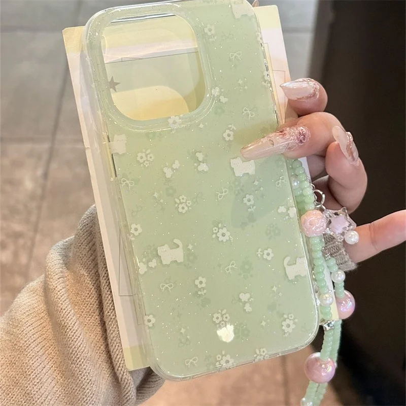 Kristallklare, transparente Handyhülle in Weiß, mit IND-Matcha-Grün, Blumenmuster und Katzenmotiv, mit Perlenkette für iPhone 12, 13, 14, 15, 16, 17, 18 Pro Max. – Detail 4