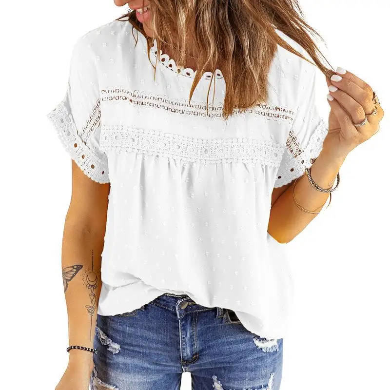 

Women's Lace Crochet ort Sve irt Commute Sle Loose Fit Polyester Fiber Casual Ele Summer Top
