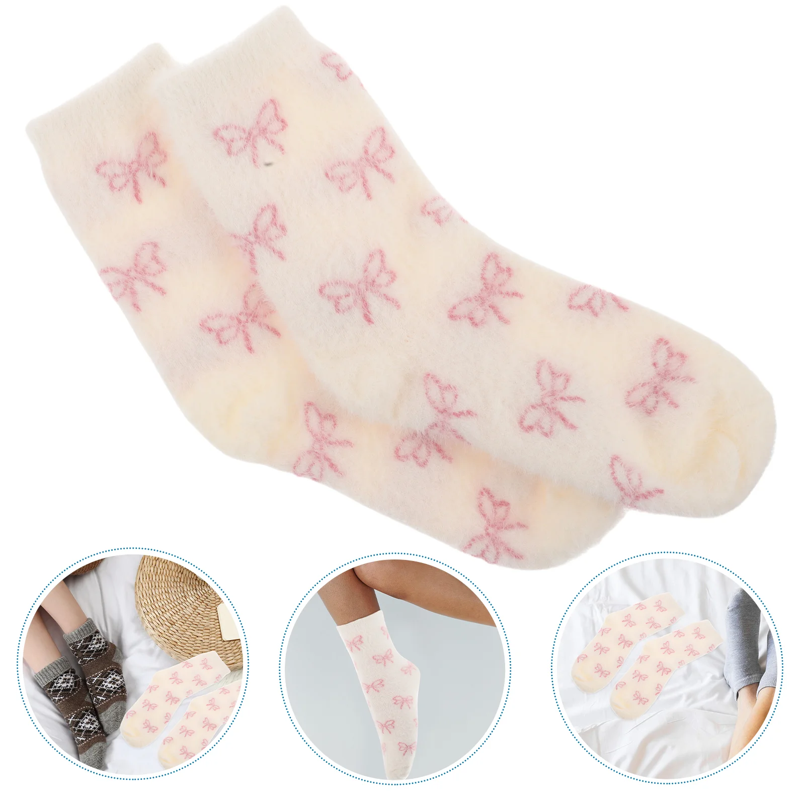 Bow Knot Plus Fleece Socks Winter Warm Slippers for Women Fluffy Sleeping Comfortable