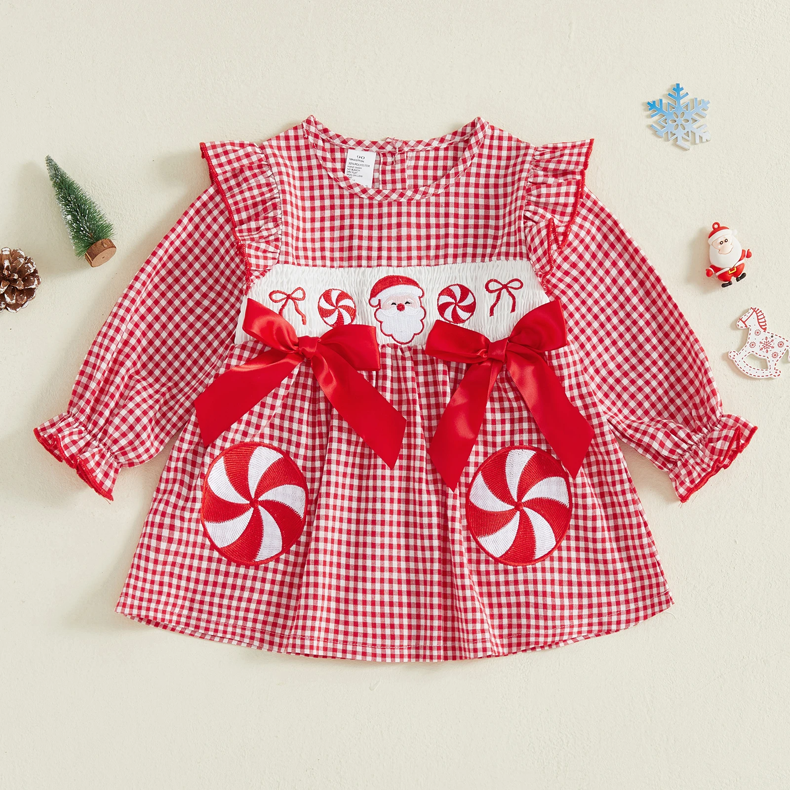 

Рождественские платья трапециевидной формы для маленьких девочек, клетчатое платье с принтом Санта-Клауса и бантом, вышивкой, круглым вырезом и длинными рукавами для детей от 1 до 5 лет