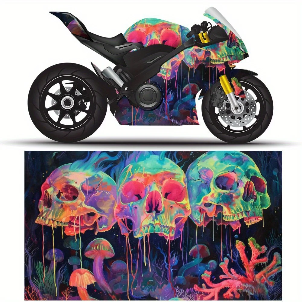 

Захватывающий неоновый череп, жидкий цветной грибной мотоцикл, полная упаковка, наклейки, декоративная наклейка для гонок на мотоцикле, меняющая цвет, пленка Pro