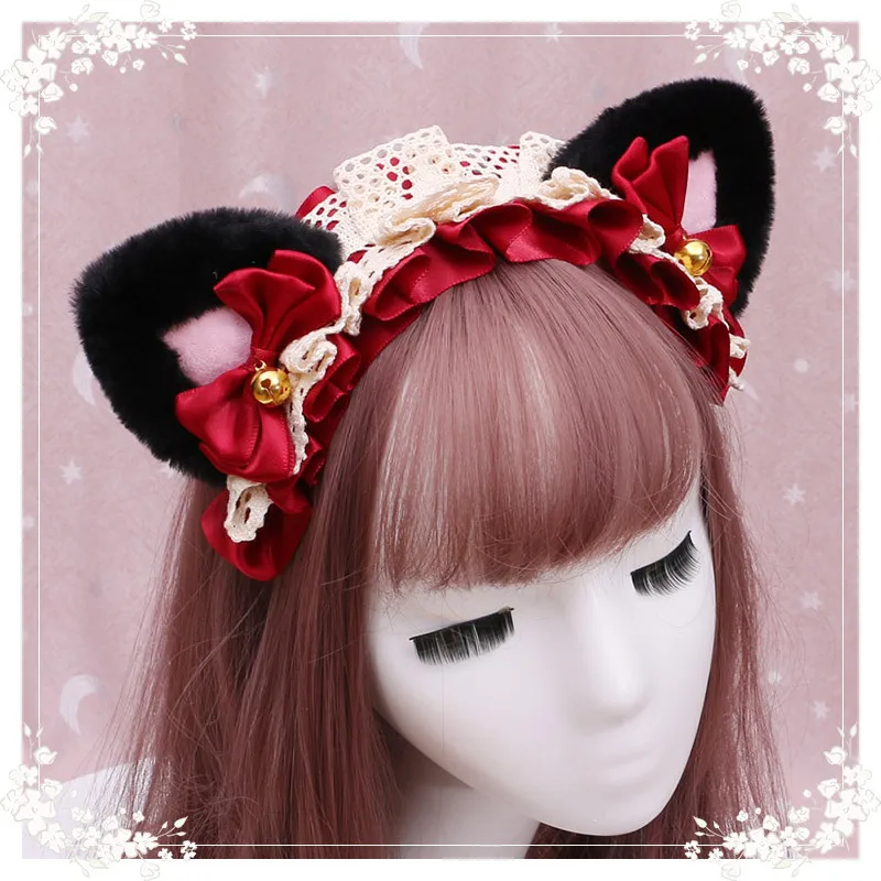 Women Girl Japanese Lolita Cosplay Headband Plush Lace Cat Ears Hairband Anime Party Costume Bow Tie Bell Halloween Accessories