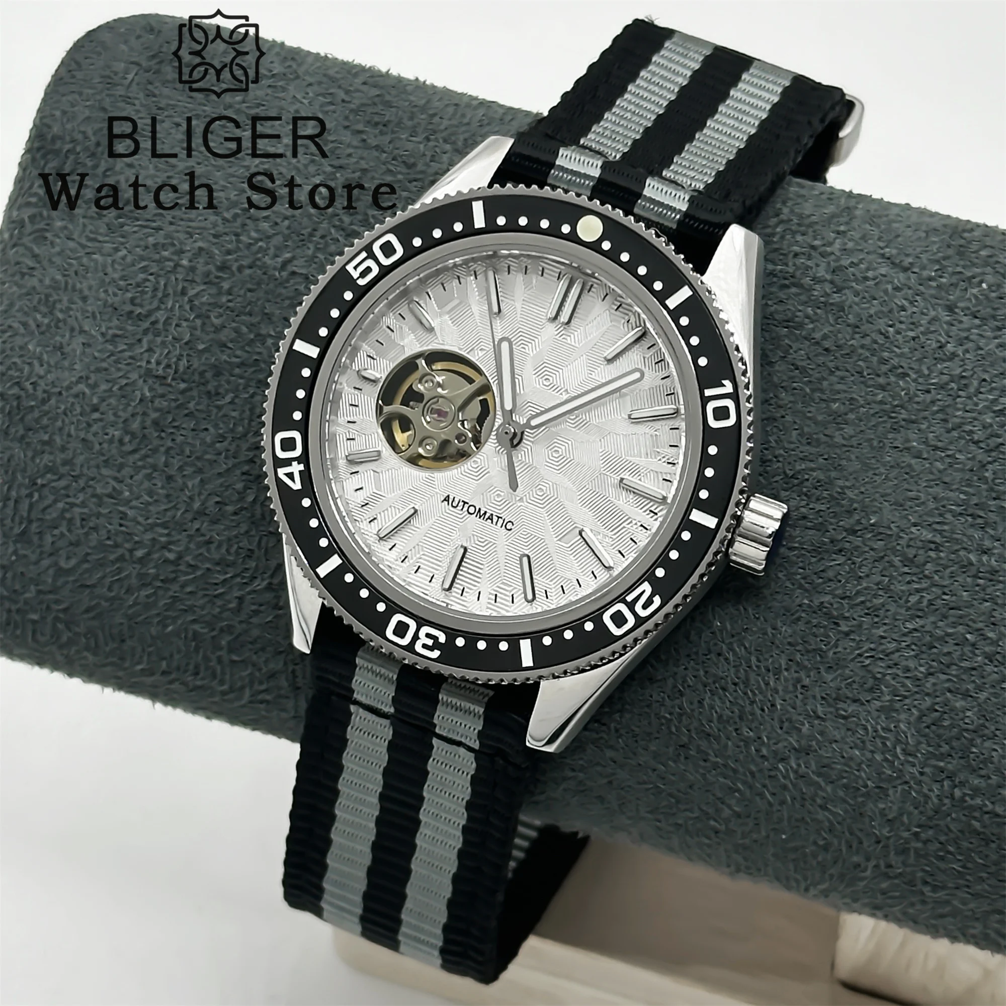 BLIGER 41mm NH38 Automatic Wristwatch Ceramic Bezel Sapphire Glass Luminous 100m Waterproof Nylon/Rubber Strap Men\'s Watches