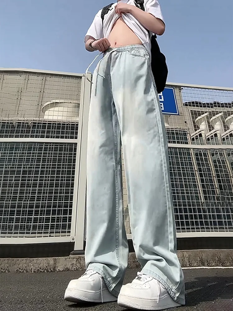 

Light Blue Ice Silk Men's Jeans Summer Thin Straight Leg Wide Leg Pants Cool And Handsome Teenage Fashion Loose Fit Jeans