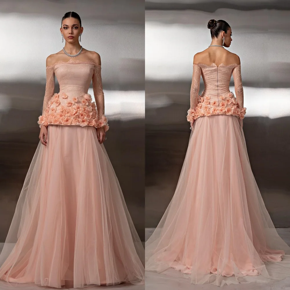 

Customized Intricate Matching Tulle Pleat Handmade Flower A-line Off-the-shoulder Long Dresses Bespoke Occasion Dresses Elegant