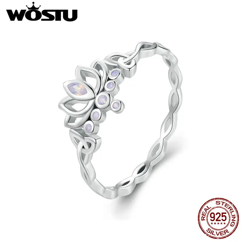 WOSTU 925 Sterling Sliver Lotus Flower Party Rings For Women Shiny Fire Opal Stackable Crown Ring Girl Birthday Jewelry Gift